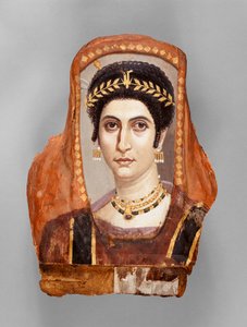 女性のミイラの肖像、c。 100-10 AD（木に腐食性、金箔とリネンを含む）